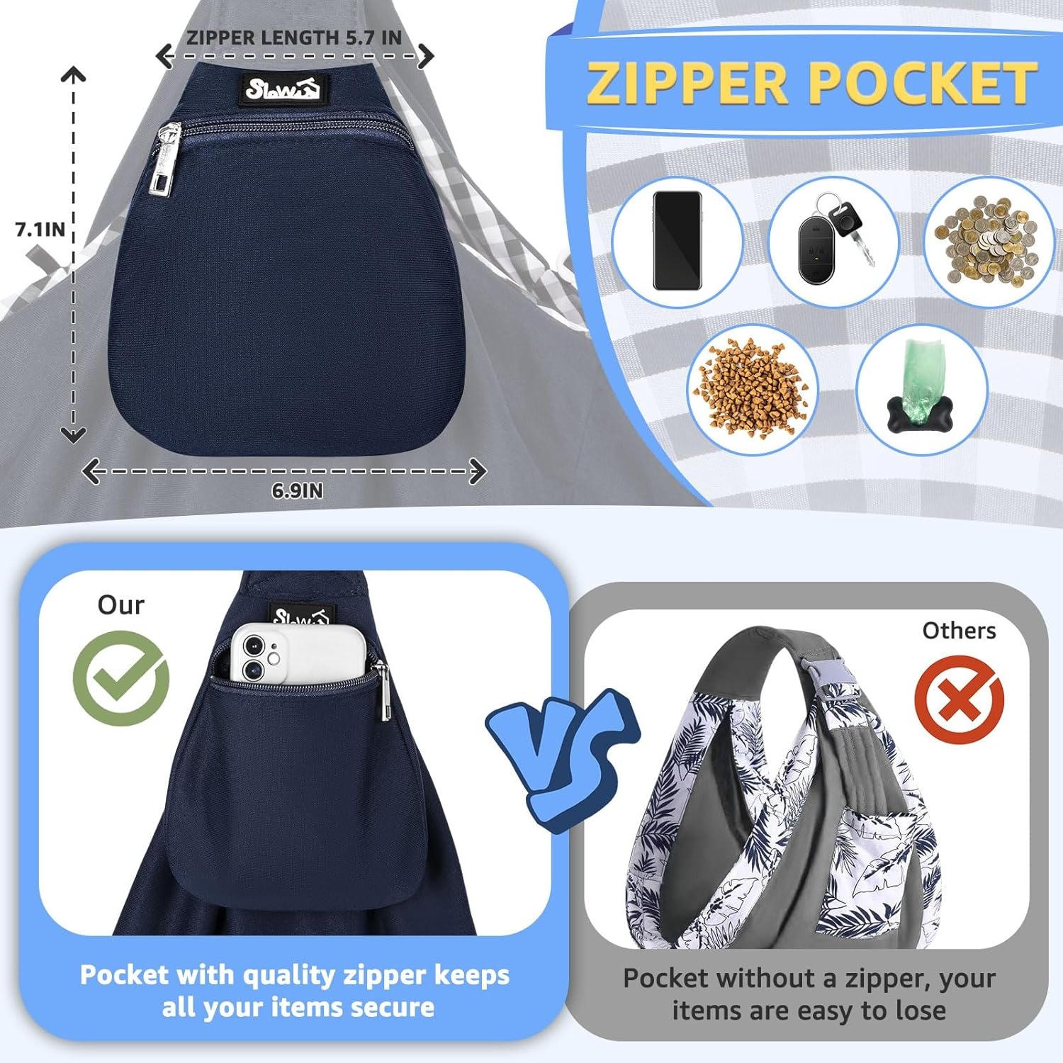 image:imageSlowTon Dog Carrier Sling Thick Padded Shoulder Strap Adjustable Dog Carriers for Small Dogs Puppy Carrier Purse for Pet Cat with Front Zipper Pocket Safety Belt Machine Washable Navy Knitted SFNavy Knitted Fabric