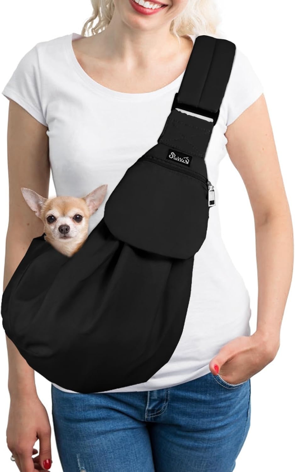 image:imageSlowTon Dog Carrier Sling Thick Padded Shoulder Strap Adjustable Dog Carriers for Small Dogs Puppy Carrier Purse for Pet Cat with Front Zipper Pocket Safety Belt Machine Washable Navy Knitted SCBlack WaterResistant