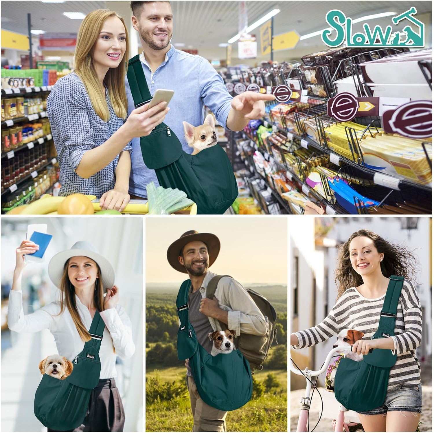 image:imageSlowTon Dog Carrier Sling Thick Padded Shoulder Strap Adjustable Dog Carriers for Small Dogs Puppy Carrier Purse for Pet Cat with Front Zipper Pocket Safety Belt Machine Washable Navy Knitted SJGreen Cotton Fabric