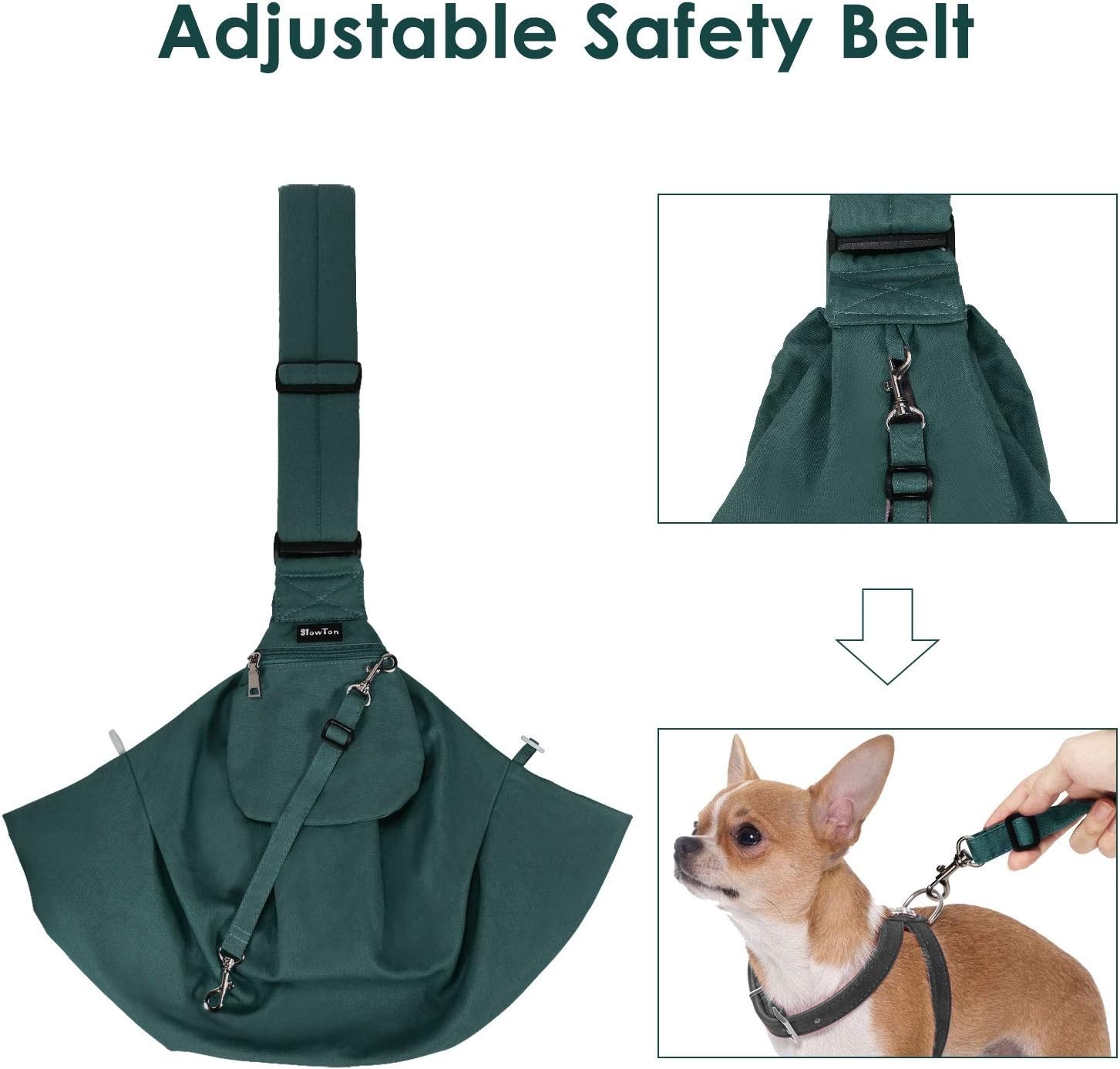 image:imageSlowTon Dog Carrier Sling Thick Padded Shoulder Strap Adjustable Dog Carriers for Small Dogs Puppy Carrier Purse for Pet Cat with Front Zipper Pocket Safety Belt Machine Washable Navy Knitted SJGreen Cotton Fabric
