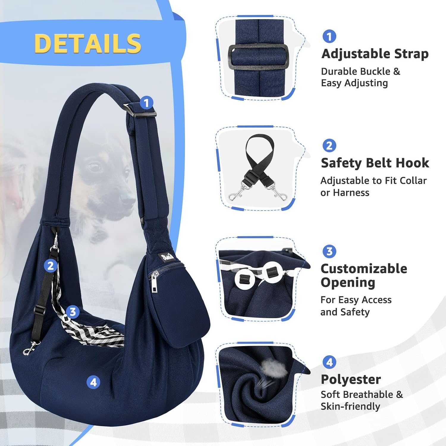 image:imageSlowTon Dog Carrier Sling Thick Padded Shoulder Strap Adjustable Dog Carriers for Small Dogs Puppy Carrier Purse for Pet Cat with Front Zipper Pocket Safety Belt Machine Washable Navy Knitted SFNavy Knitted Fabric