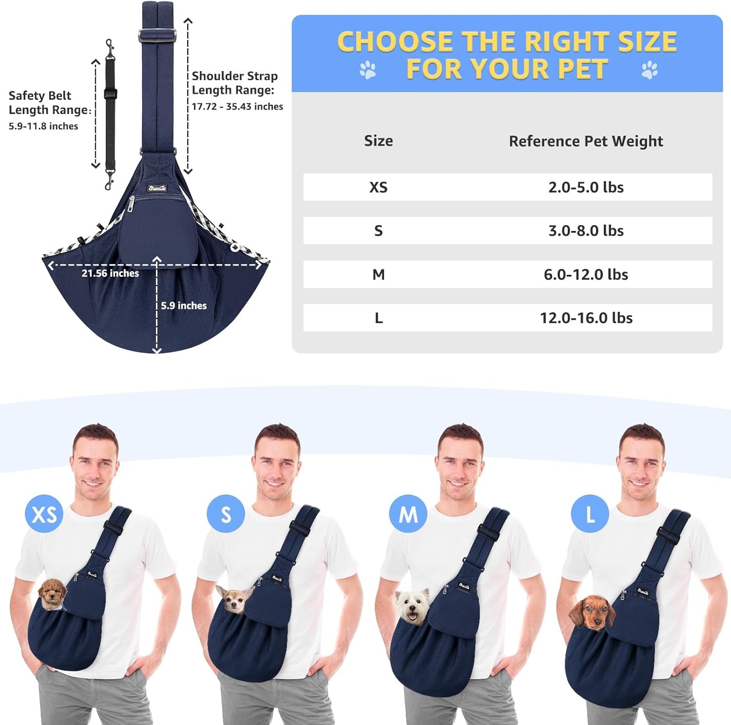 image:imageSlowTon Dog Carrier Sling Thick Padded Shoulder Strap Adjustable Dog Carriers for Small Dogs Puppy Carrier Purse for Pet Cat with Front Zipper Pocket Safety Belt Machine Washable Navy Knitted SFNavy Knitted Fabric