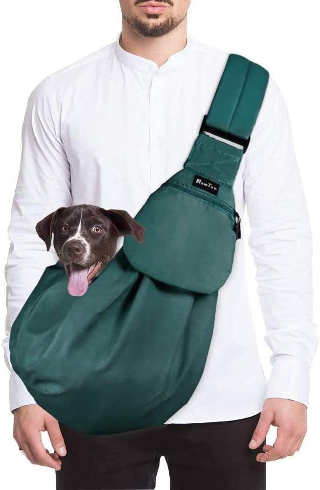 image:imageSlowTon Dog Carrier Sling Thick Padded Shoulder Strap Adjustable Dog Carriers for Small Dogs Puppy Carrier Purse for Pet Cat with Front Zipper Pocket Safety Belt Machine Washable Navy Knitted SJGreen Cotton Fabric