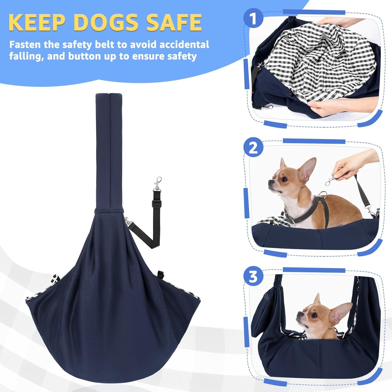 image:imageSlowTon Dog Carrier Sling Thick Padded Shoulder Strap Adjustable Dog Carriers for Small Dogs Puppy Carrier Purse for Pet Cat with Front Zipper Pocket Safety Belt Machine Washable Navy Knitted SFNavy Knitted Fabric