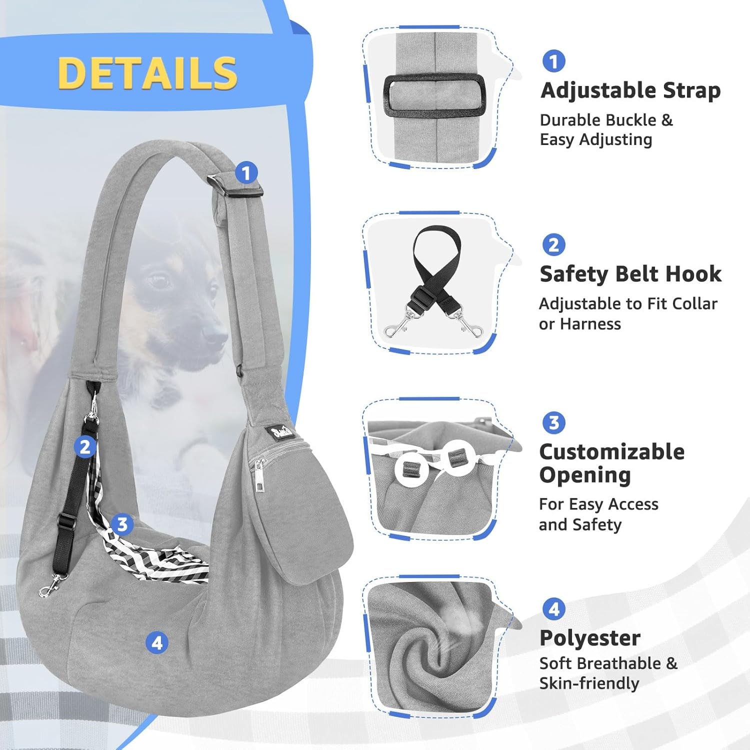 image:imageSlowTon Dog Carrier Sling Thick Padded Shoulder Strap Adjustable Dog Carriers for Small Dogs Puppy Carrier Purse for Pet Cat with Front Zipper Pocket Safety Belt Machine Washable Navy Knitted SDLight Grey Knitted Fabric