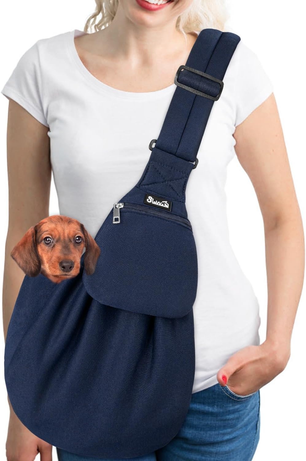 image:imageSlowTon Dog Carrier Sling Thick Padded Shoulder Strap Adjustable Dog Carriers for Small Dogs Puppy Carrier Purse for Pet Cat with Front Zipper Pocket Safety Belt Machine Washable Navy Knitted SFNavy Knitted Fabric