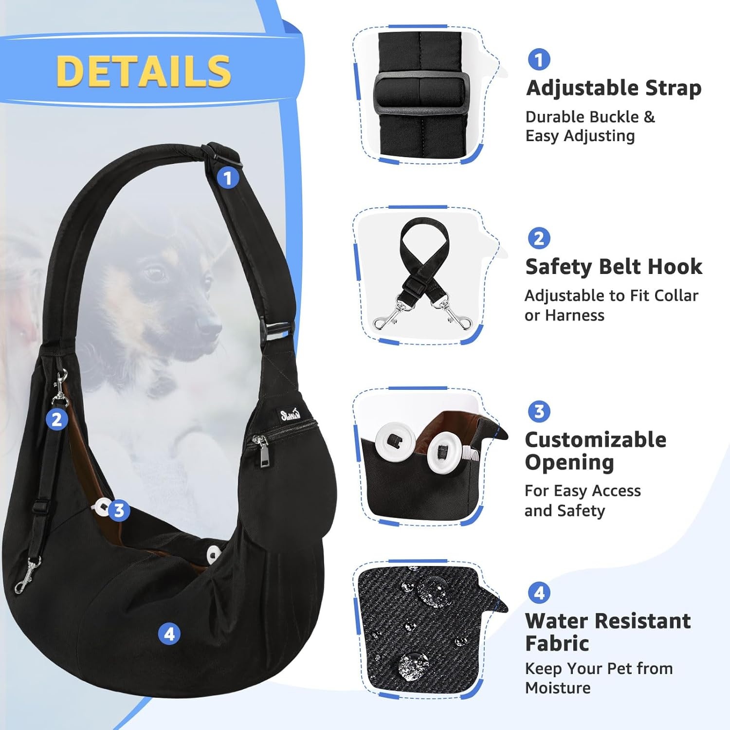 image:imageSlowTon Dog Carrier Sling Thick Padded Shoulder Strap Adjustable Dog Carriers for Small Dogs Puppy Carrier Purse for Pet Cat with Front Zipper Pocket Safety Belt Machine Washable Navy Knitted SCBlack WaterResistant