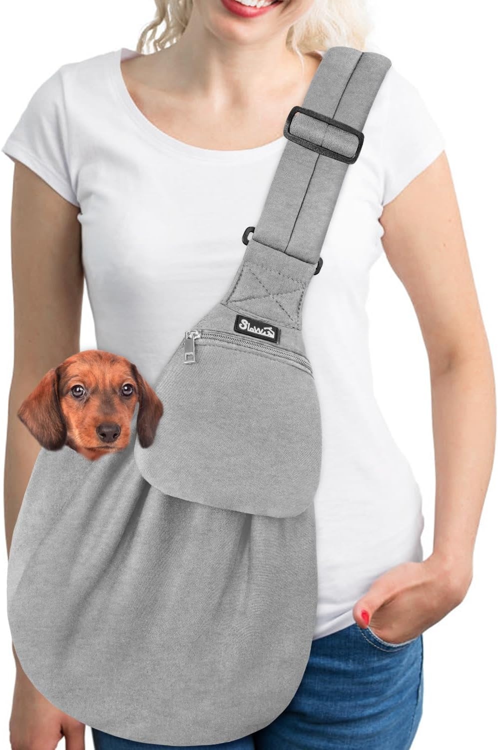 image:imageSlowTon Dog Carrier Sling Thick Padded Shoulder Strap Adjustable Dog Carriers for Small Dogs Puppy Carrier Purse for Pet Cat with Front Zipper Pocket Safety Belt Machine Washable Navy Knitted SDLight Grey Knitted Fabric
