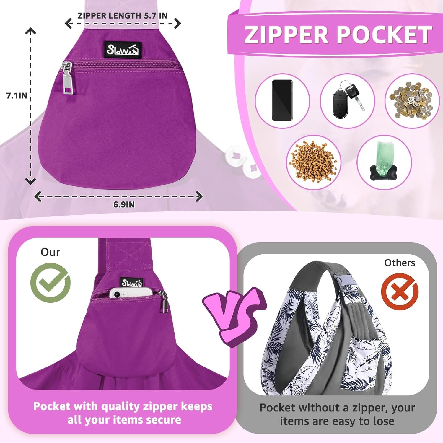 image:imageSlowTon Dog Carrier Sling Thick Padded Shoulder Strap Adjustable Dog Carriers for Small Dogs Puppy Carrier Purse for Pet Cat with Front Zipper Pocket Safety Belt Machine Washable Navy Knitted SKFuchsia Cotton Fabric