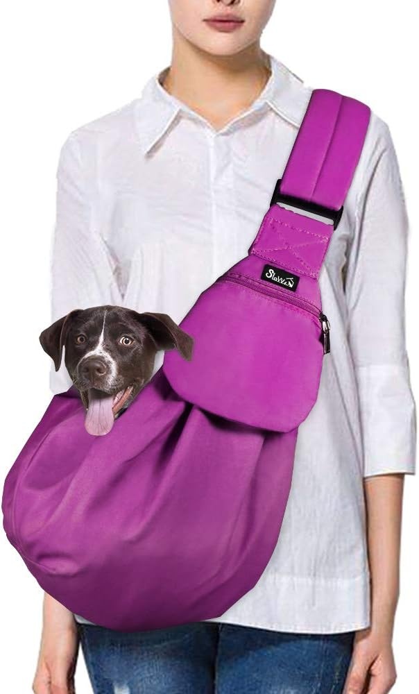 image:imageSlowTon Dog Carrier Sling Thick Padded Shoulder Strap Adjustable Dog Carriers for Small Dogs Puppy Carrier Purse for Pet Cat with Front Zipper Pocket Safety Belt Machine Washable Navy Knitted SKFuchsia Cotton Fabric