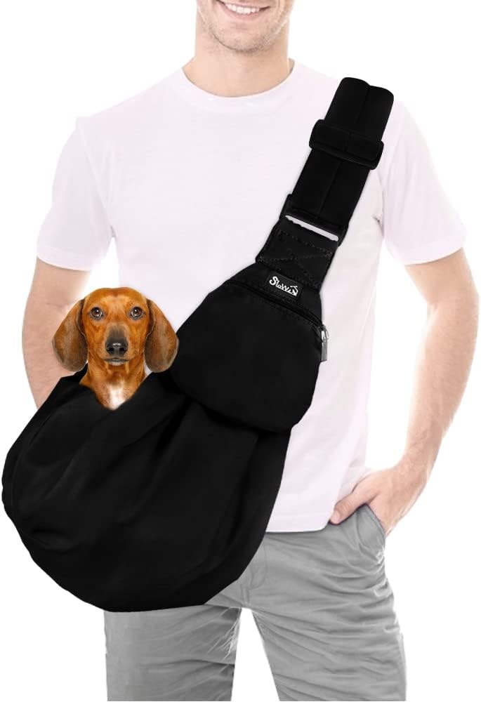 image:imageSlowTon Dog Carrier Sling Thick Padded Shoulder Strap Adjustable Dog Carriers for Small Dogs Puppy Carrier Purse for Pet Cat with Front Zipper Pocket Safety Belt Machine Washable Navy Knitted SCBlack WaterResistant
