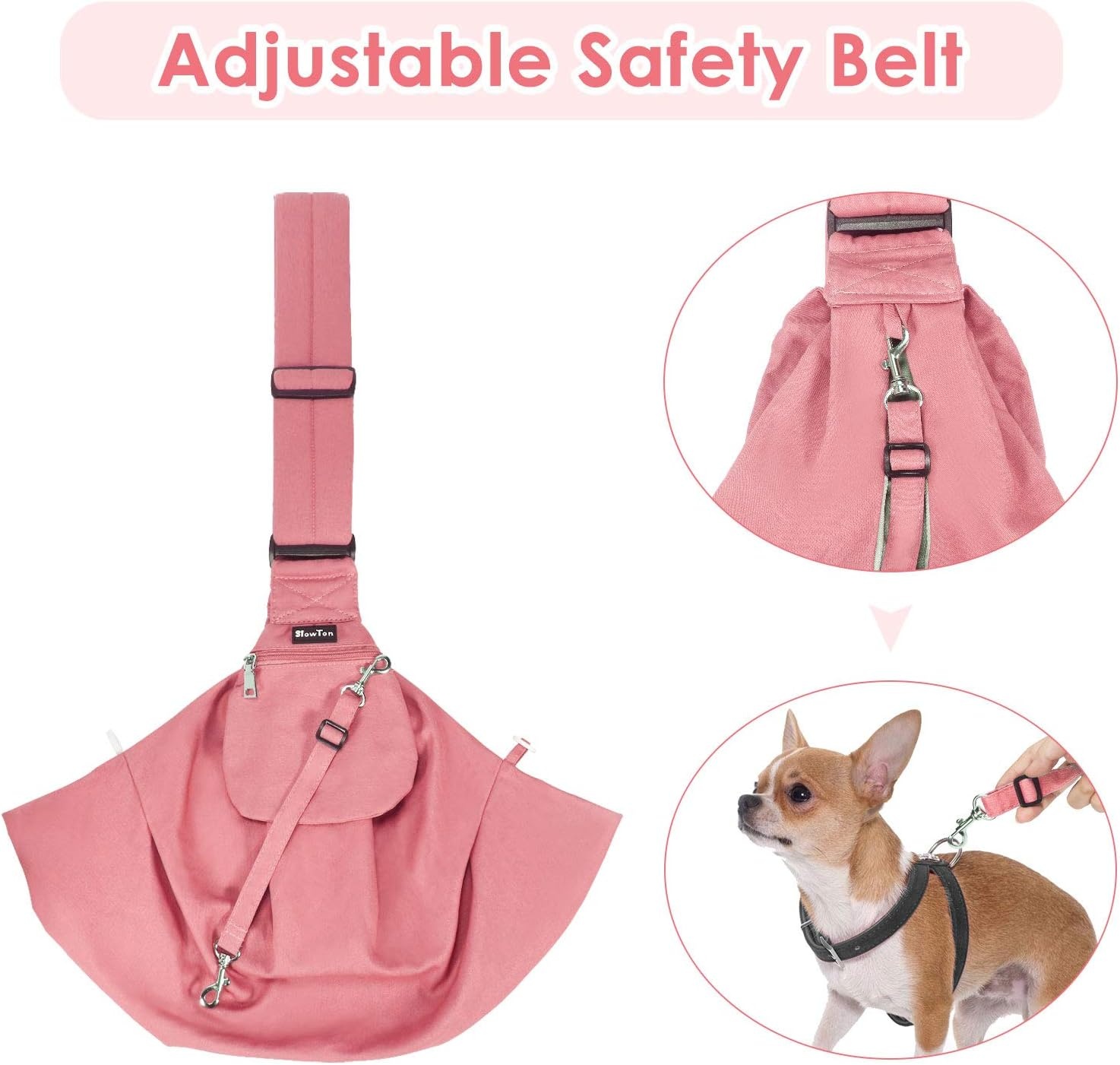 image:imageSlowTon Dog Carrier Sling Thick Padded Shoulder Strap Adjustable Dog Carriers for Small Dogs Puppy Carrier Purse for Pet Cat with Front Zipper Pocket Safety Belt Machine Washable Navy Knitted SIPeach Cotton Fabric