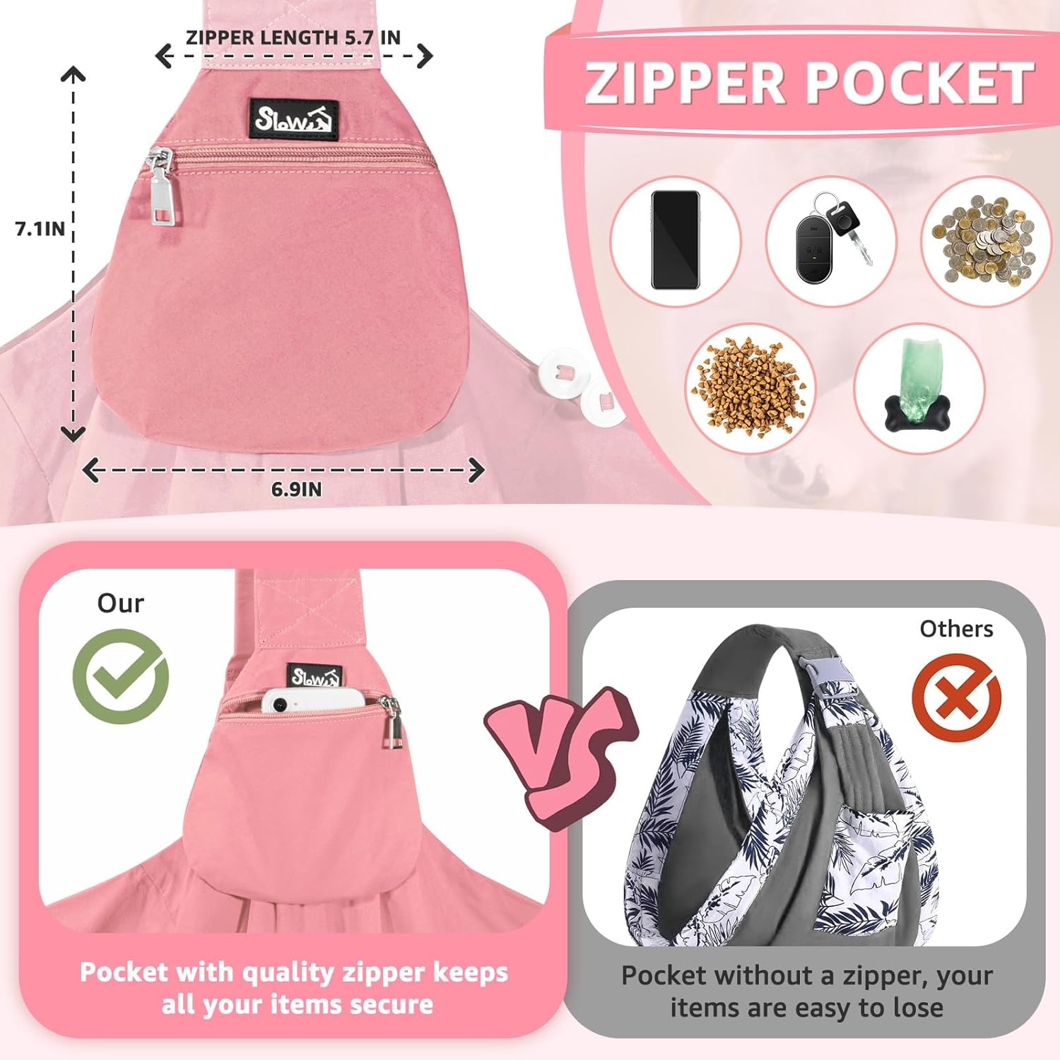 image:imageSlowTon Dog Carrier Sling Thick Padded Shoulder Strap Adjustable Dog Carriers for Small Dogs Puppy Carrier Purse for Pet Cat with Front Zipper Pocket Safety Belt Machine Washable Navy Knitted SIPeach Cotton Fabric