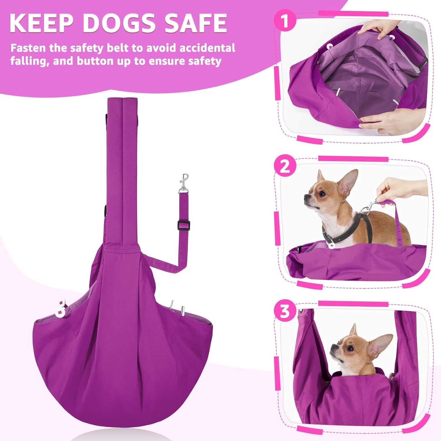 image:imageSlowTon Dog Carrier Sling Thick Padded Shoulder Strap Adjustable Dog Carriers for Small Dogs Puppy Carrier Purse for Pet Cat with Front Zipper Pocket Safety Belt Machine Washable Navy Knitted SKFuchsia Cotton Fabric