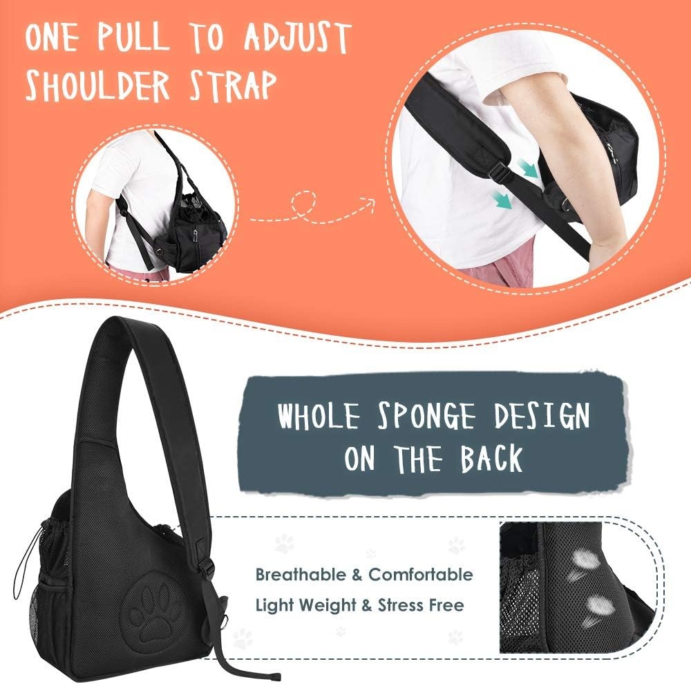 image:imageSlowTon Pet Dog Sling Carrier Hands Free Hard Bottom Papoose Small Animal Puppy Up to 6 lbs Travel Bag Tote Breathable Mesh Support Adjustable Padded Strap Pocket Safety Belt Machine WashableBlack