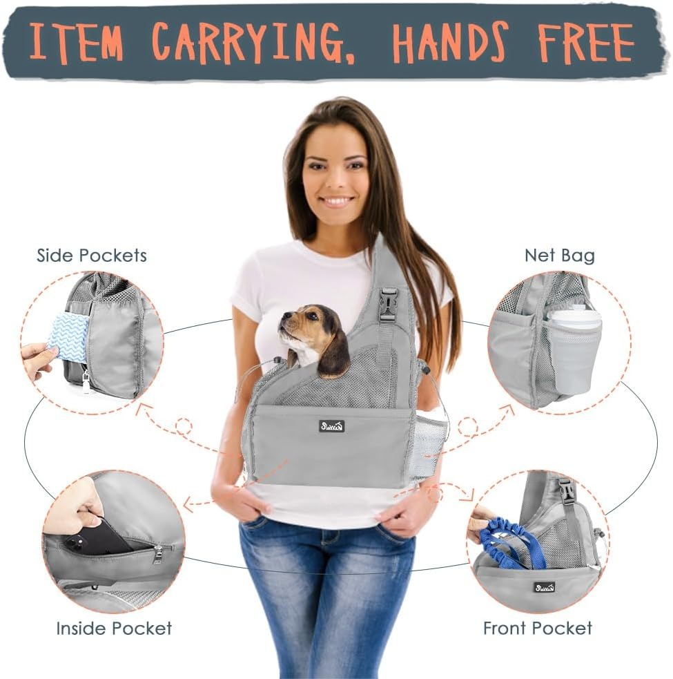 image:imageSlowTon Pet Dog Sling Carrier Hands Free Hard Bottom Papoose Small Animal Puppy Up to 6 lbs Travel Bag Tote Breathable Mesh Support Adjustable Padded Strap Pocket Safety Belt Machine WashableGrey