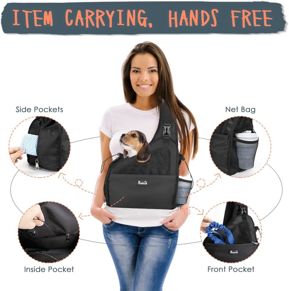 image:imageSlowTon Pet Dog Sling Carrier Hands Free Hard Bottom Papoose Small Animal Puppy Up to 6 lbs Travel Bag Tote Breathable Mesh Support Adjustable Padded Strap Pocket Safety Belt Machine WashableBlack
