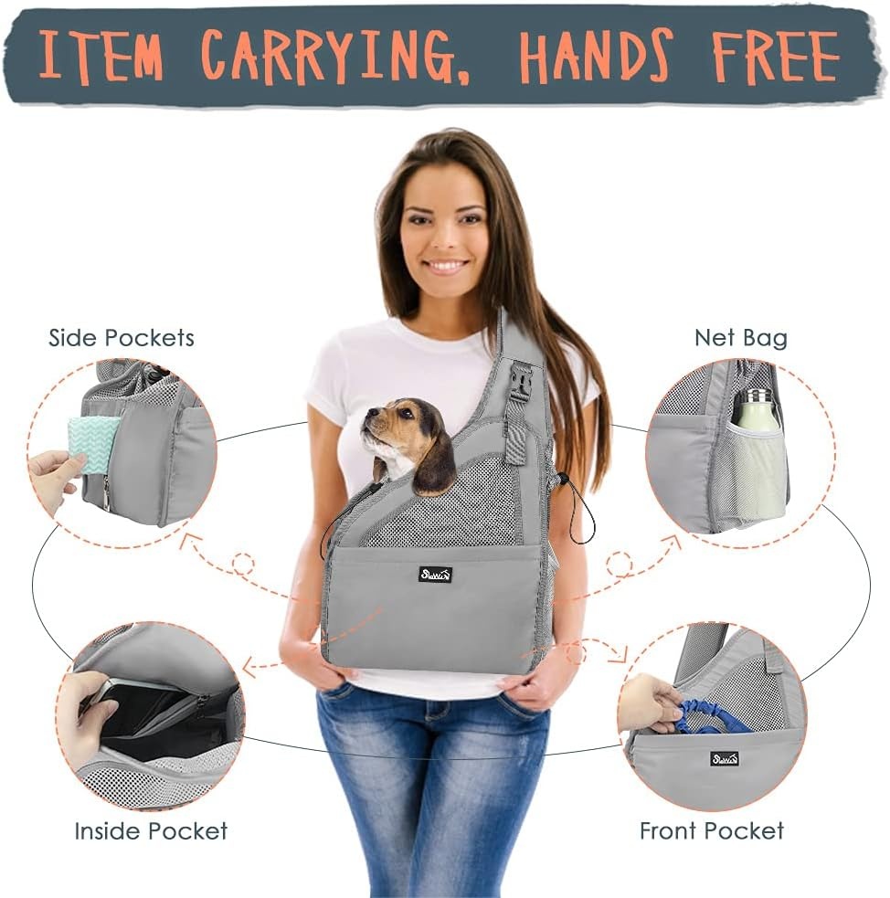 image:imageSlowTon Pet Dog Sling Carrier Hands Free Hard Bottom Papoose Small Animal Puppy Up to 6 lbs Travel Bag Tote Breathable Mesh Support Adjustable Padded Strap Pocket Safety Belt Machine WashableGrey