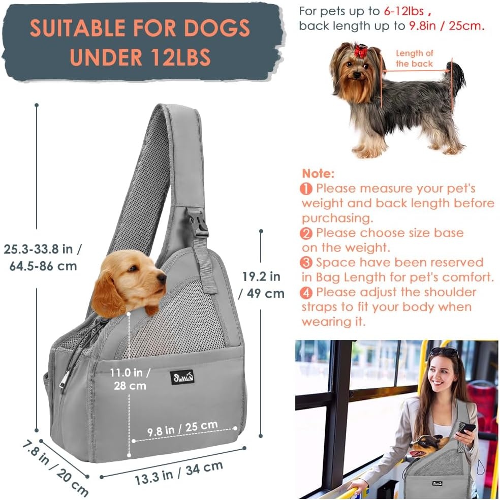 image:imageSlowTon Pet Dog Sling Carrier Hands Free Hard Bottom Papoose Small Animal Puppy Up to 6 lbs Travel Bag Tote Breathable Mesh Support Adjustable Padded Strap Pocket Safety Belt Machine WashableGrey