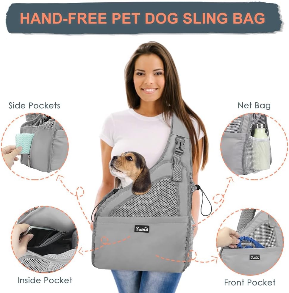 image:imageSlowTon Pet Dog Sling Carrier Hands Free Hard Bottom Papoose Small Animal Puppy Up to 6 lbs Travel Bag Tote Breathable Mesh Support Adjustable Padded Strap Pocket Safety Belt Machine WashableGrey