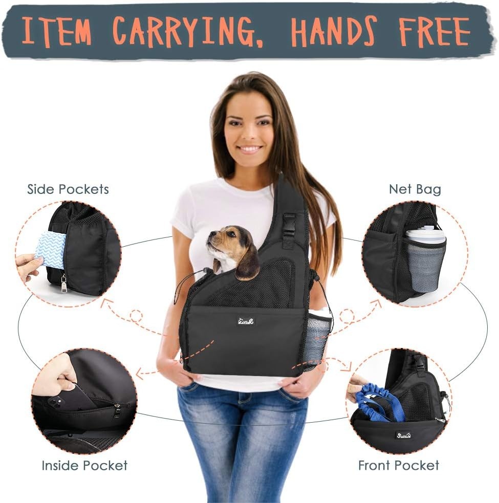 image:imageSlowTon Pet Dog Sling Carrier Hands Free Hard Bottom Papoose Small Animal Puppy Up to 6 lbs Travel Bag Tote Breathable Mesh Support Adjustable Padded Strap Pocket Safety Belt Machine WashableBlack