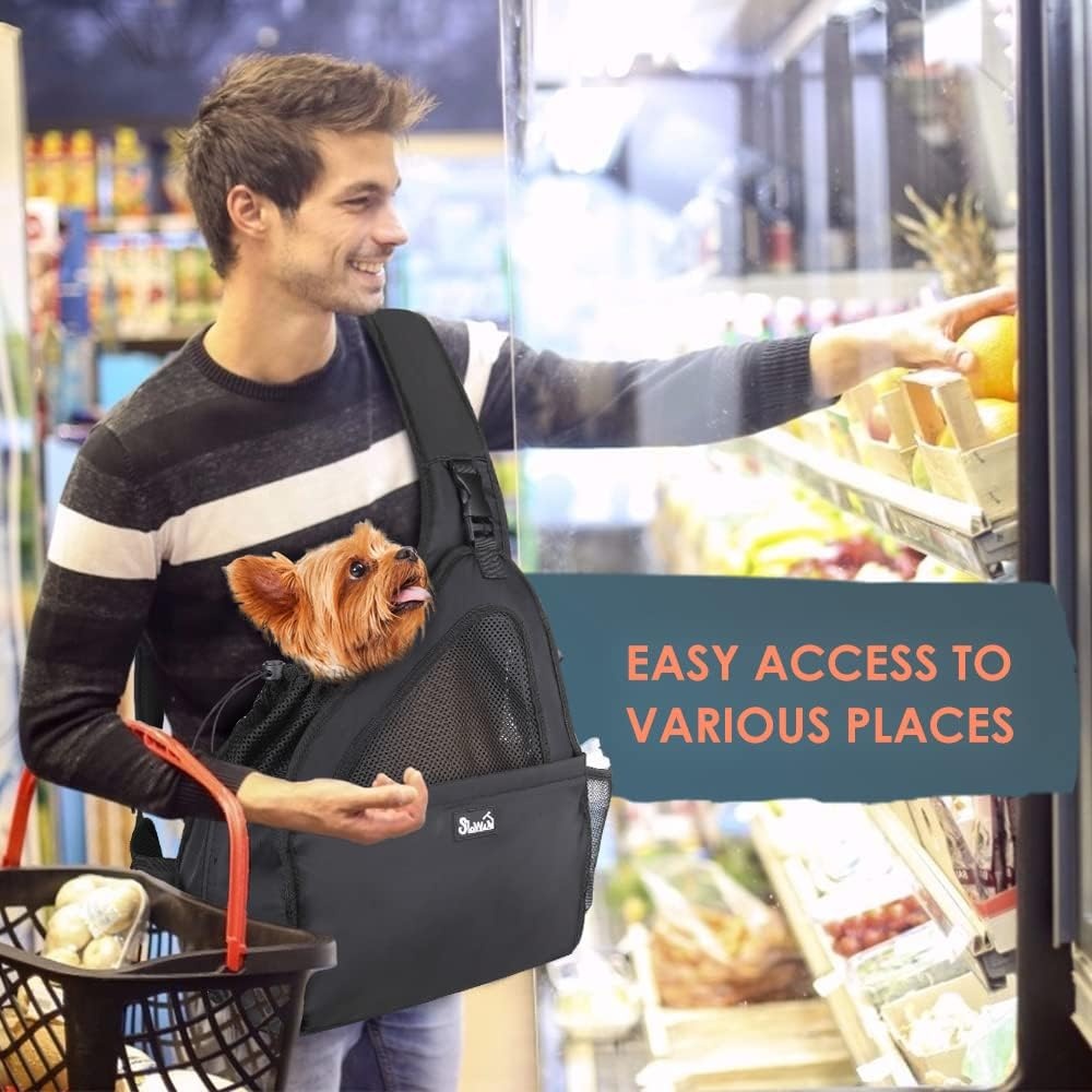 image:imageSlowTon Pet Dog Sling Carrier Hands Free Hard Bottom Papoose Small Animal Puppy Up to 6 lbs Travel Bag Tote Breathable Mesh Support Adjustable Padded Strap Pocket Safety Belt Machine WashableBlack