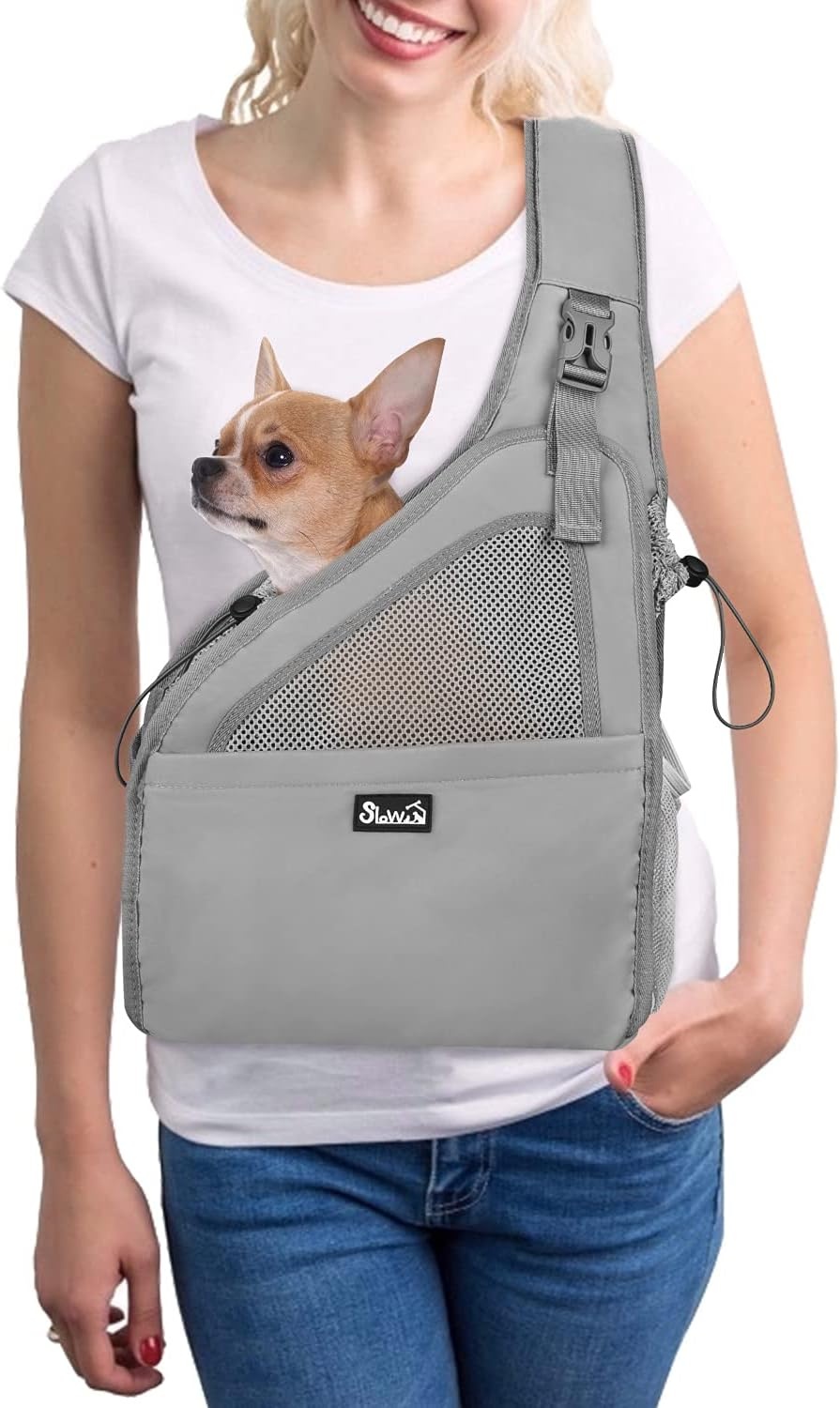 image:imageSlowTon Pet Dog Sling Carrier Hands Free Hard Bottom Papoose Small Animal Puppy Up to 6 lbs Travel Bag Tote Breathable Mesh Support Adjustable Padded Strap Pocket Safety Belt Machine WashableGrey