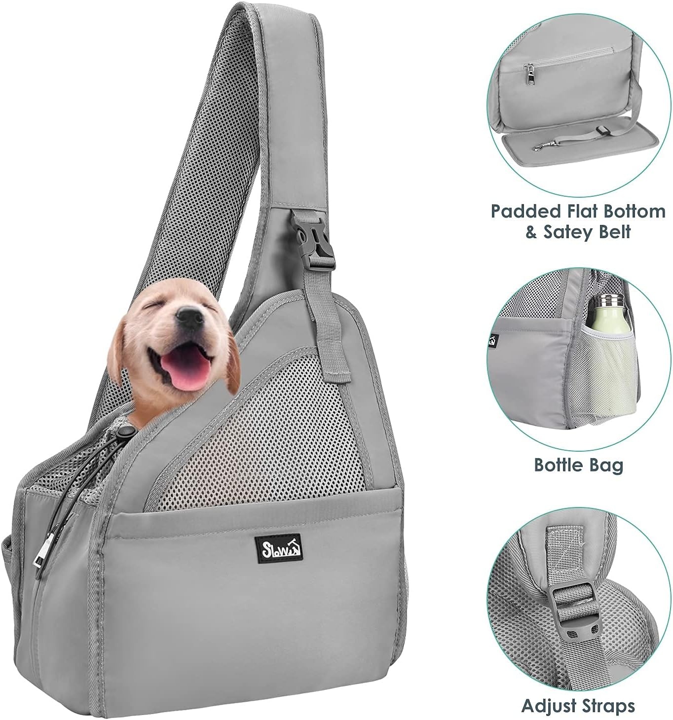image:imageSlowTon Pet Dog Sling Carrier Hands Free Hard Bottom Papoose Small Animal Puppy Up to 6 lbs Travel Bag Tote Breathable Mesh Support Adjustable Padded Strap Pocket Safety Belt Machine WashableGrey