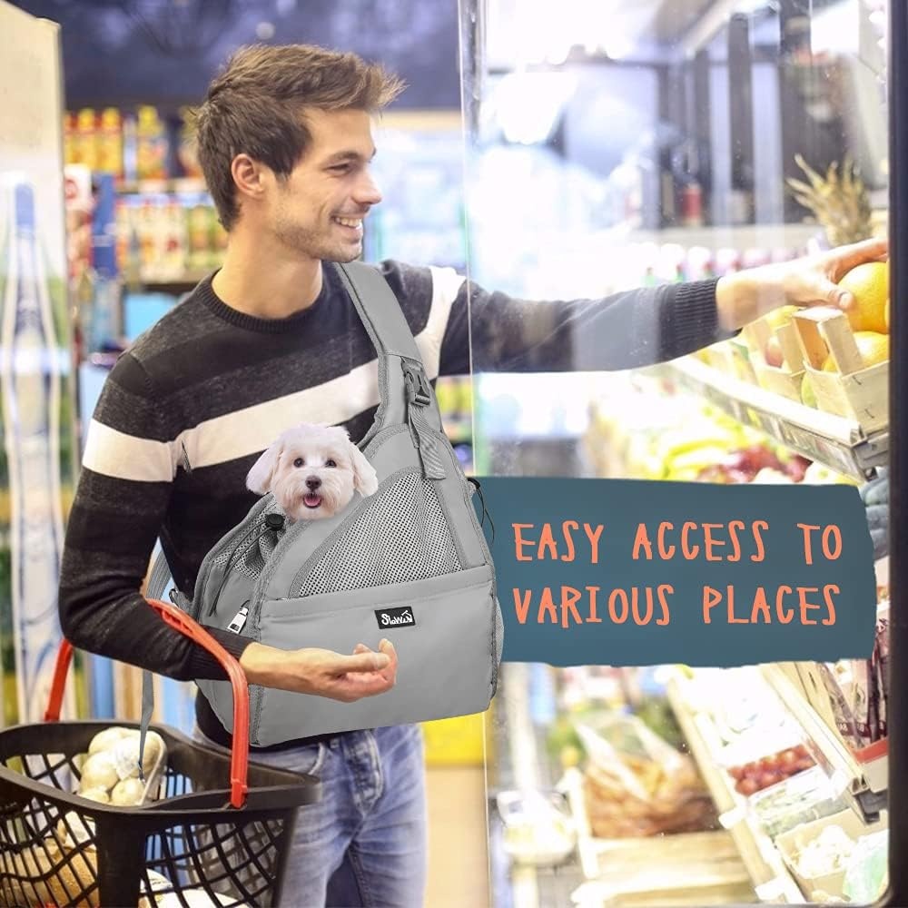 image:imageSlowTon Pet Dog Sling Carrier Hands Free Hard Bottom Papoose Small Animal Puppy Up to 6 lbs Travel Bag Tote Breathable Mesh Support Adjustable Padded Strap Pocket Safety Belt Machine WashableGrey