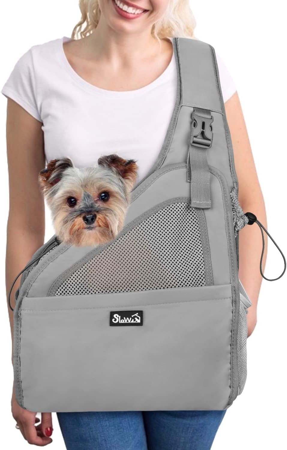 image:imageSlowTon Pet Dog Sling Carrier Hands Free Hard Bottom Papoose Small Animal Puppy Up to 6 lbs Travel Bag Tote Breathable Mesh Support Adjustable Padded Strap Pocket Safety Belt Machine WashableGrey