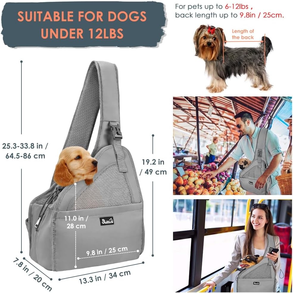image:imageSlowTon Pet Dog Sling Carrier Hands Free Hard Bottom Papoose Small Animal Puppy Up to 6 lbs Travel Bag Tote Breathable Mesh Support Adjustable Padded Strap Pocket Safety Belt Machine WashableGrey