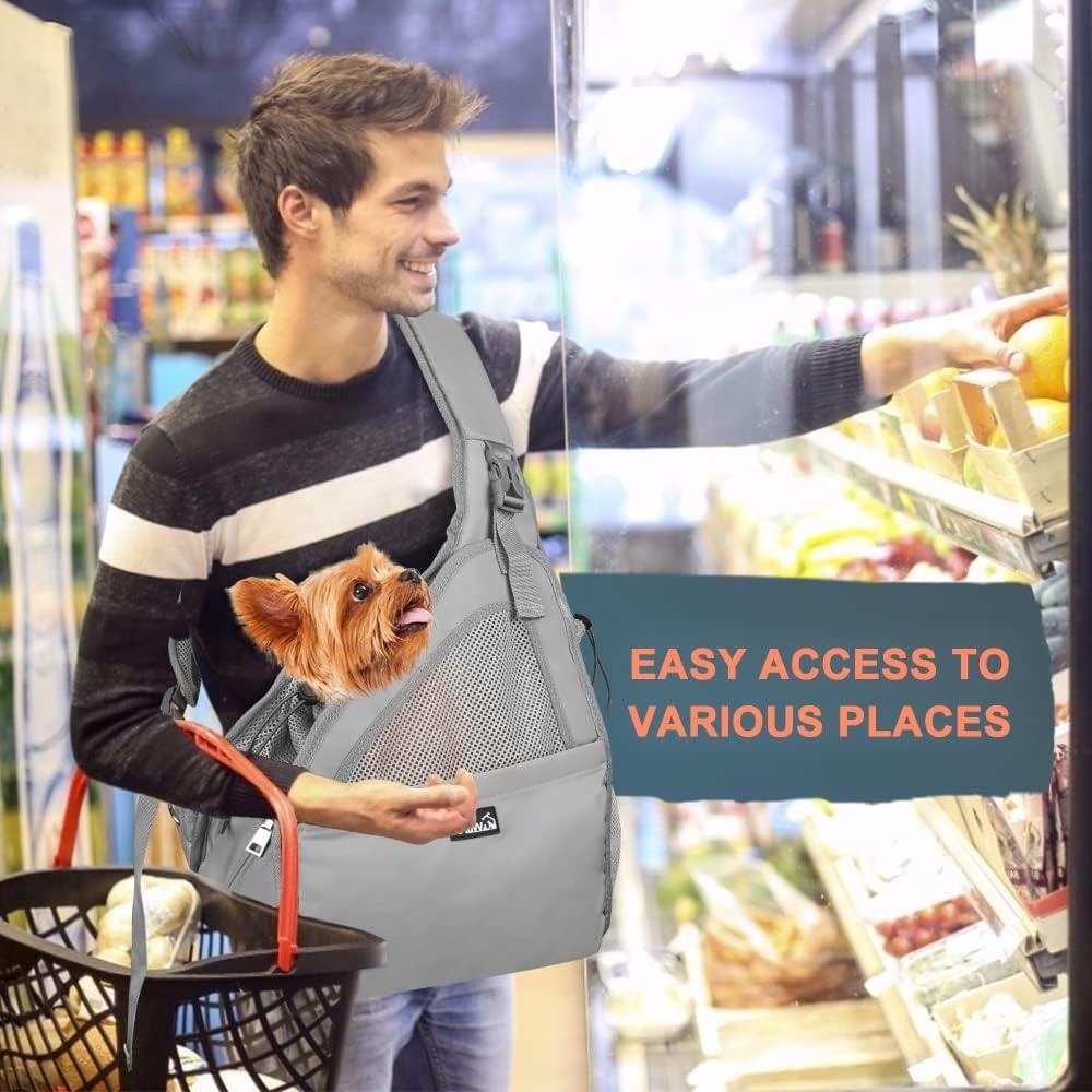 image:imageSlowTon Pet Dog Sling Carrier Hands Free Hard Bottom Papoose Small Animal Puppy Up to 6 lbs Travel Bag Tote Breathable Mesh Support Adjustable Padded Strap Pocket Safety Belt Machine WashableGrey