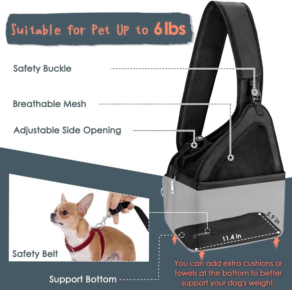image:imageSlowTon Pet Dog Sling Carrier Hands Free Hard Bottom Papoose Small Animal Puppy Up to 6 lbs Travel Bag Tote Breathable Mesh Support Adjustable Padded Strap Pocket Safety Belt Machine WashableBlack