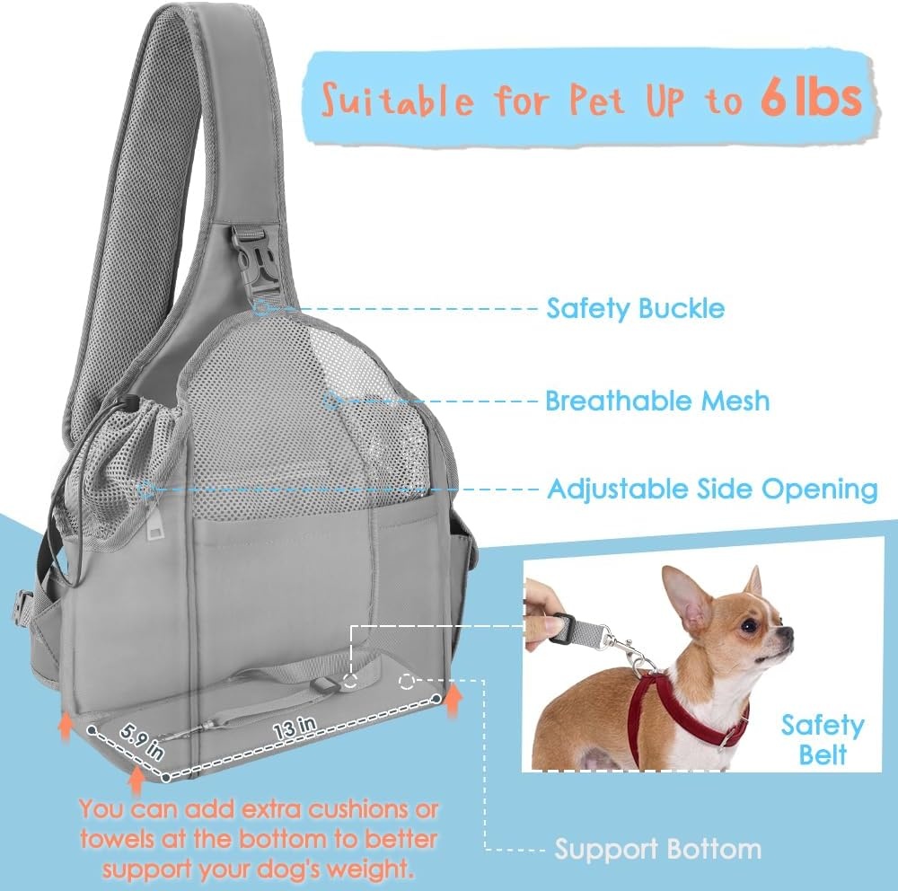 image:imageSlowTon Pet Dog Sling Carrier Hands Free Hard Bottom Papoose Small Animal Puppy Up to 6 lbs Travel Bag Tote Breathable Mesh Support Adjustable Padded Strap Pocket Safety Belt Machine WashableGrey