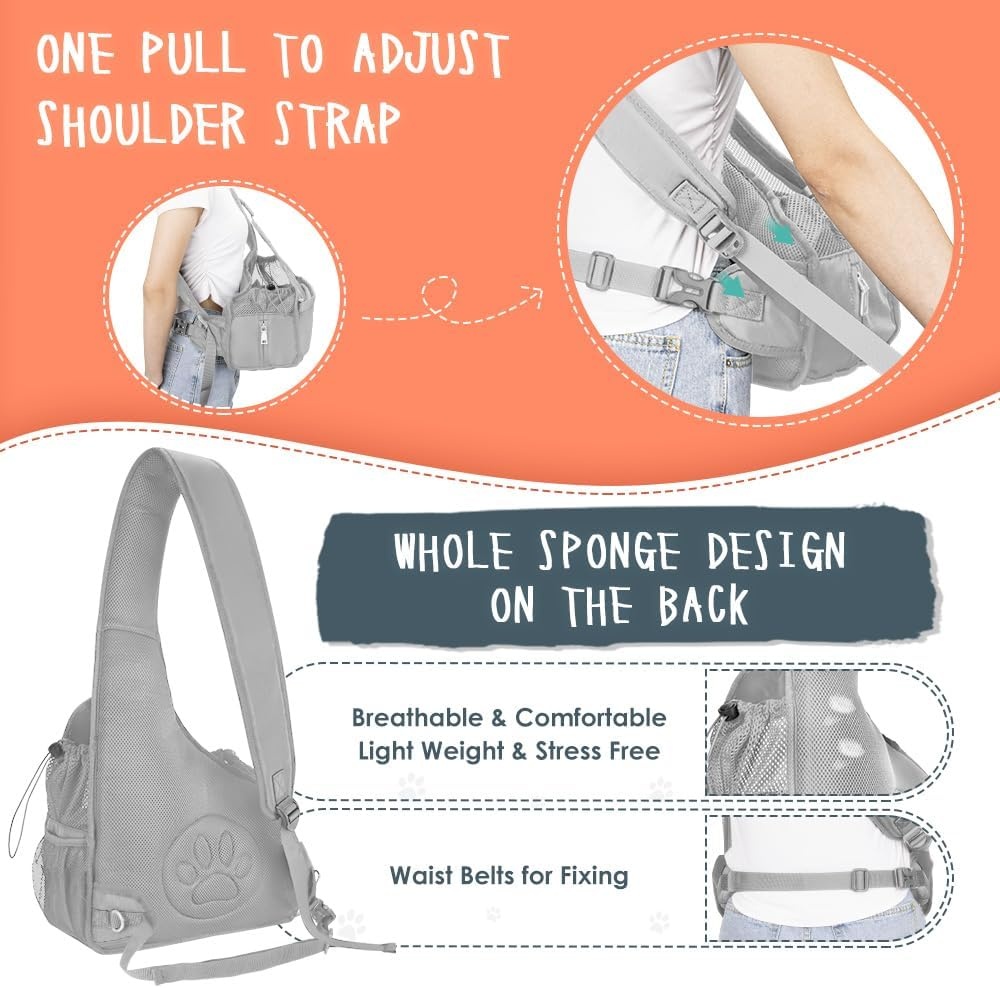image:imageSlowTon Pet Dog Sling Carrier Hands Free Hard Bottom Papoose Small Animal Puppy Up to 6 lbs Travel Bag Tote Breathable Mesh Support Adjustable Padded Strap Pocket Safety Belt Machine WashableGrey
