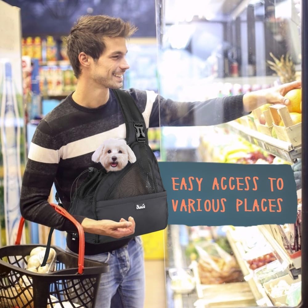 image:imageSlowTon Pet Dog Sling Carrier Hands Free Hard Bottom Papoose Small Animal Puppy Up to 6 lbs Travel Bag Tote Breathable Mesh Support Adjustable Padded Strap Pocket Safety Belt Machine WashableBlack