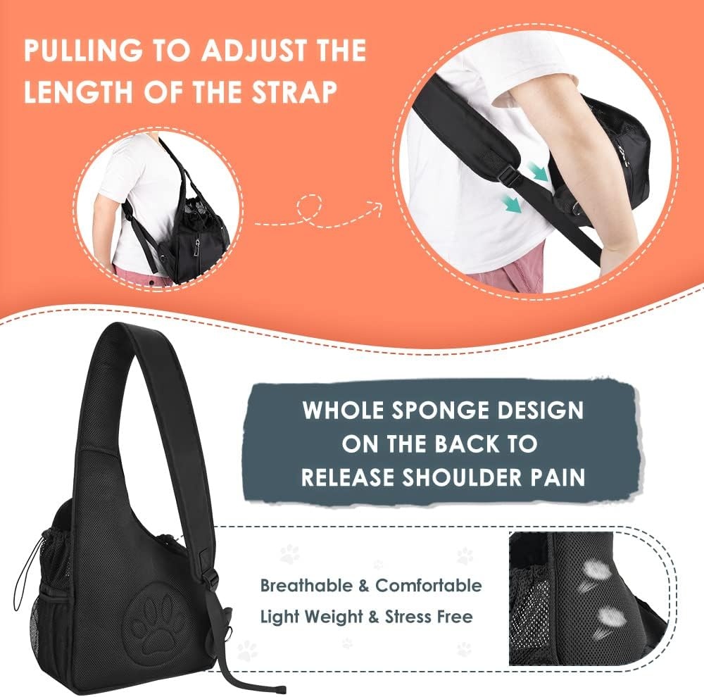 image:imageSlowTon Pet Dog Sling Carrier Hands Free Hard Bottom Papoose Small Animal Puppy Up to 6 lbs Travel Bag Tote Breathable Mesh Support Adjustable Padded Strap Pocket Safety Belt Machine WashableBlack