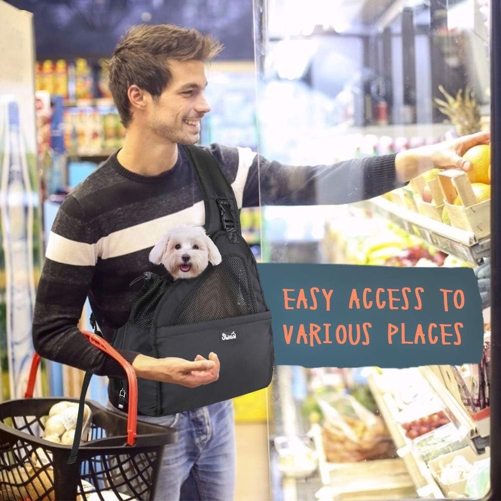 image:imageSlowTon Pet Dog Sling Carrier Hands Free Hard Bottom Papoose Small Animal Puppy Up to 6 lbs Travel Bag Tote Breathable Mesh Support Adjustable Padded Strap Pocket Safety Belt Machine WashableBlack