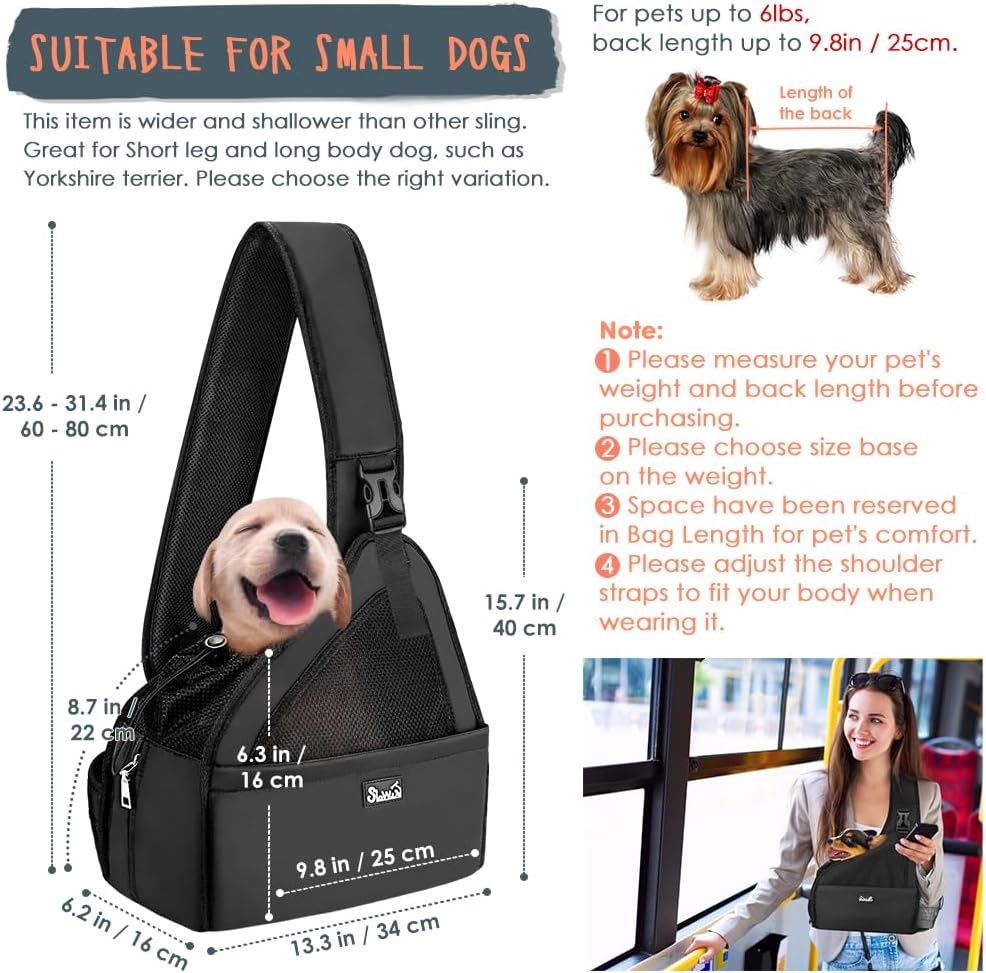 image:imageSlowTon Pet Dog Sling Carrier Hands Free Hard Bottom Papoose Small Animal Puppy Up to 6 lbs Travel Bag Tote Breathable Mesh Support Adjustable Padded Strap Pocket Safety Belt Machine WashableBlack