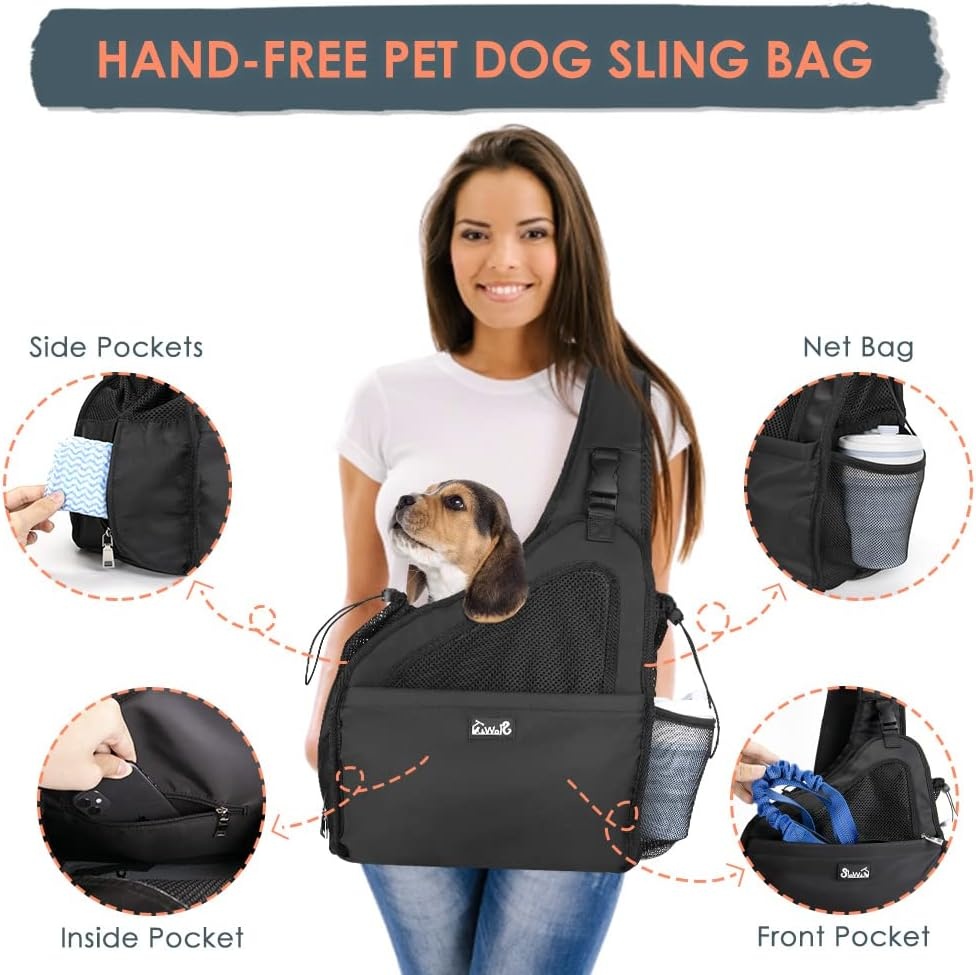 image:imageSlowTon Pet Dog Sling Carrier Hands Free Hard Bottom Papoose Small Animal Puppy Up to 6 lbs Travel Bag Tote Breathable Mesh Support Adjustable Padded Strap Pocket Safety Belt Machine WashableBlack