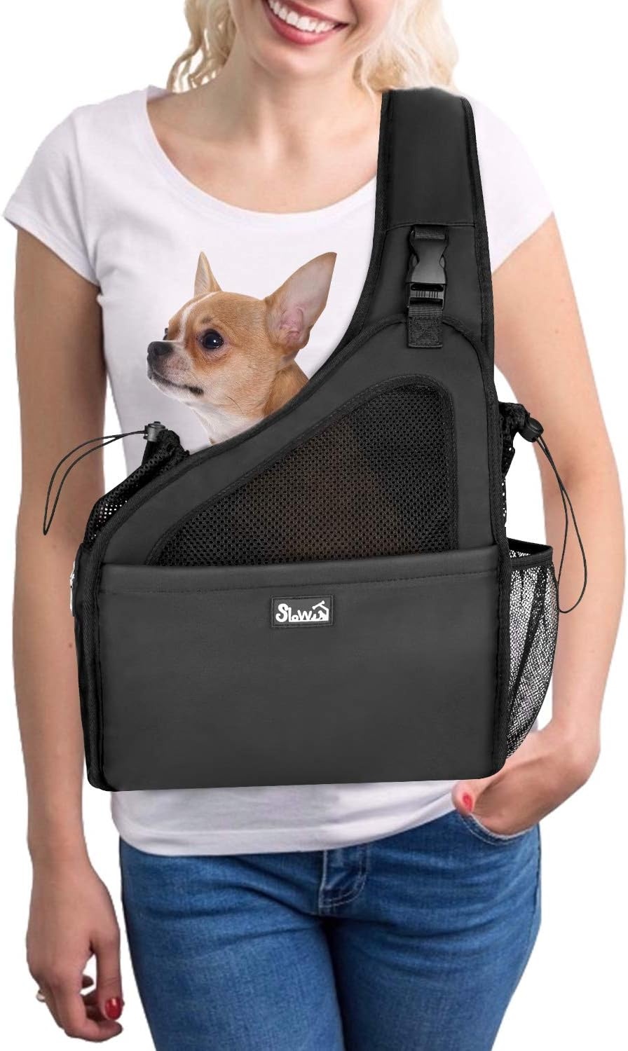image:imageSlowTon Pet Dog Sling Carrier Hands Free Hard Bottom Papoose Small Animal Puppy Up to 6 lbs Travel Bag Tote Breathable Mesh Support Adjustable Padded Strap Pocket Safety Belt Machine WashableBlack