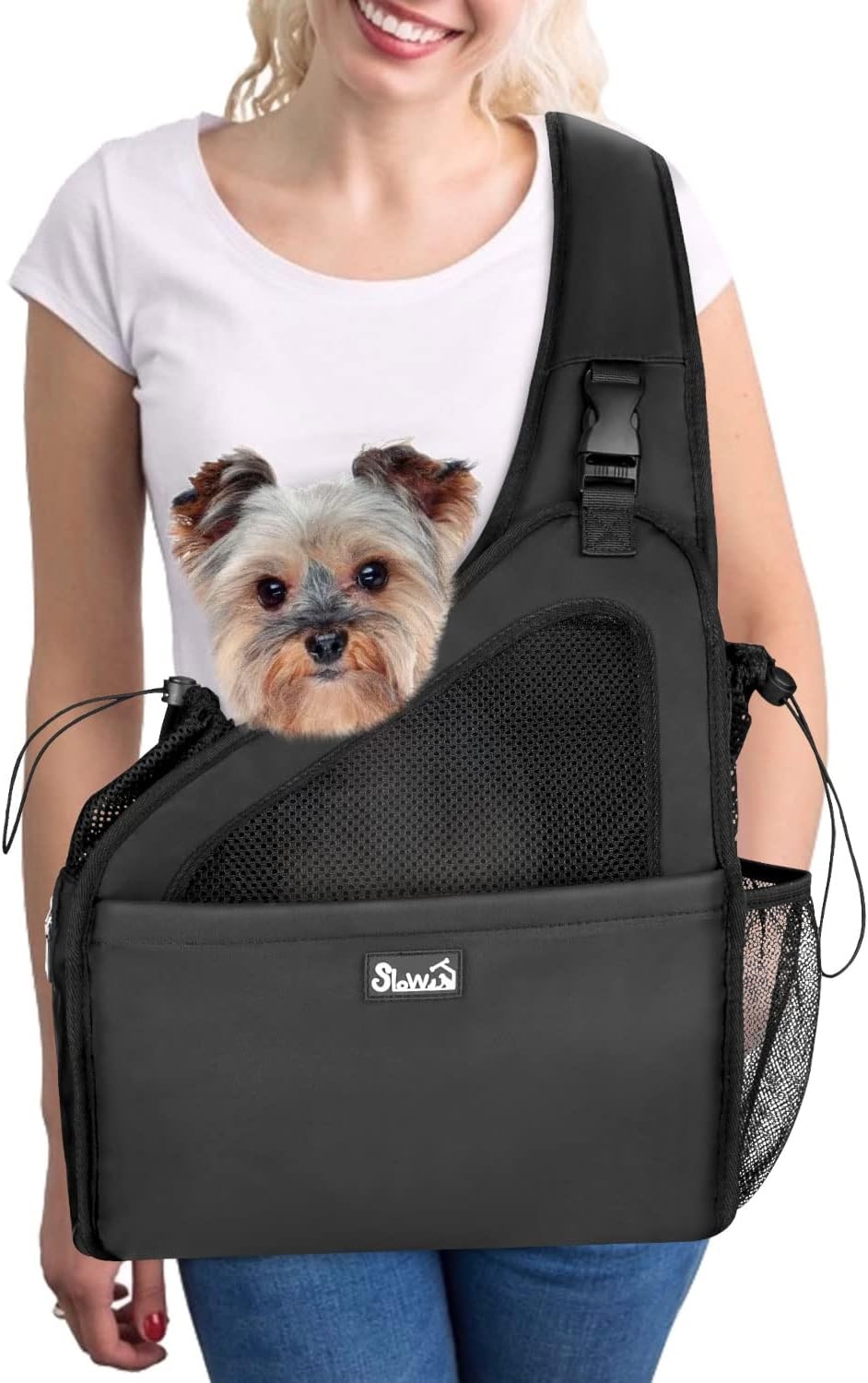 image:imageSlowTon Pet Dog Sling Carrier Hands Free Hard Bottom Papoose Small Animal Puppy Up to 6 lbs Travel Bag Tote Breathable Mesh Support Adjustable Padded Strap Pocket Safety Belt Machine WashableBlack