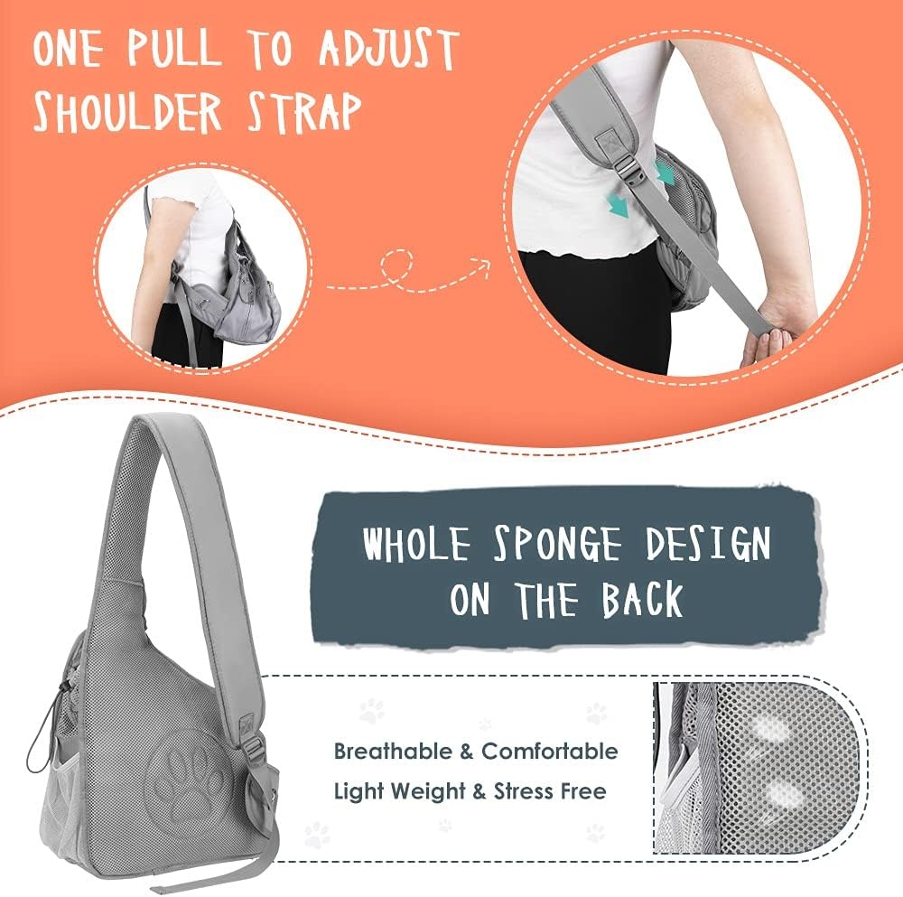 image:imageSlowTon Pet Dog Sling Carrier Hands Free Hard Bottom Papoose Small Animal Puppy Up to 6 lbs Travel Bag Tote Breathable Mesh Support Adjustable Padded Strap Pocket Safety Belt Machine WashableGrey