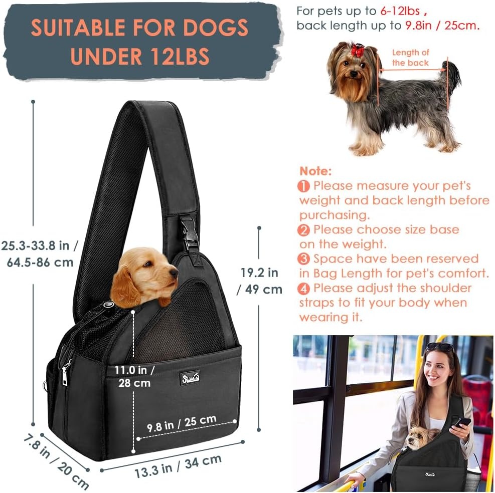 image:imageSlowTon Pet Dog Sling Carrier Hands Free Hard Bottom Papoose Small Animal Puppy Up to 6 lbs Travel Bag Tote Breathable Mesh Support Adjustable Padded Strap Pocket Safety Belt Machine WashableBlack