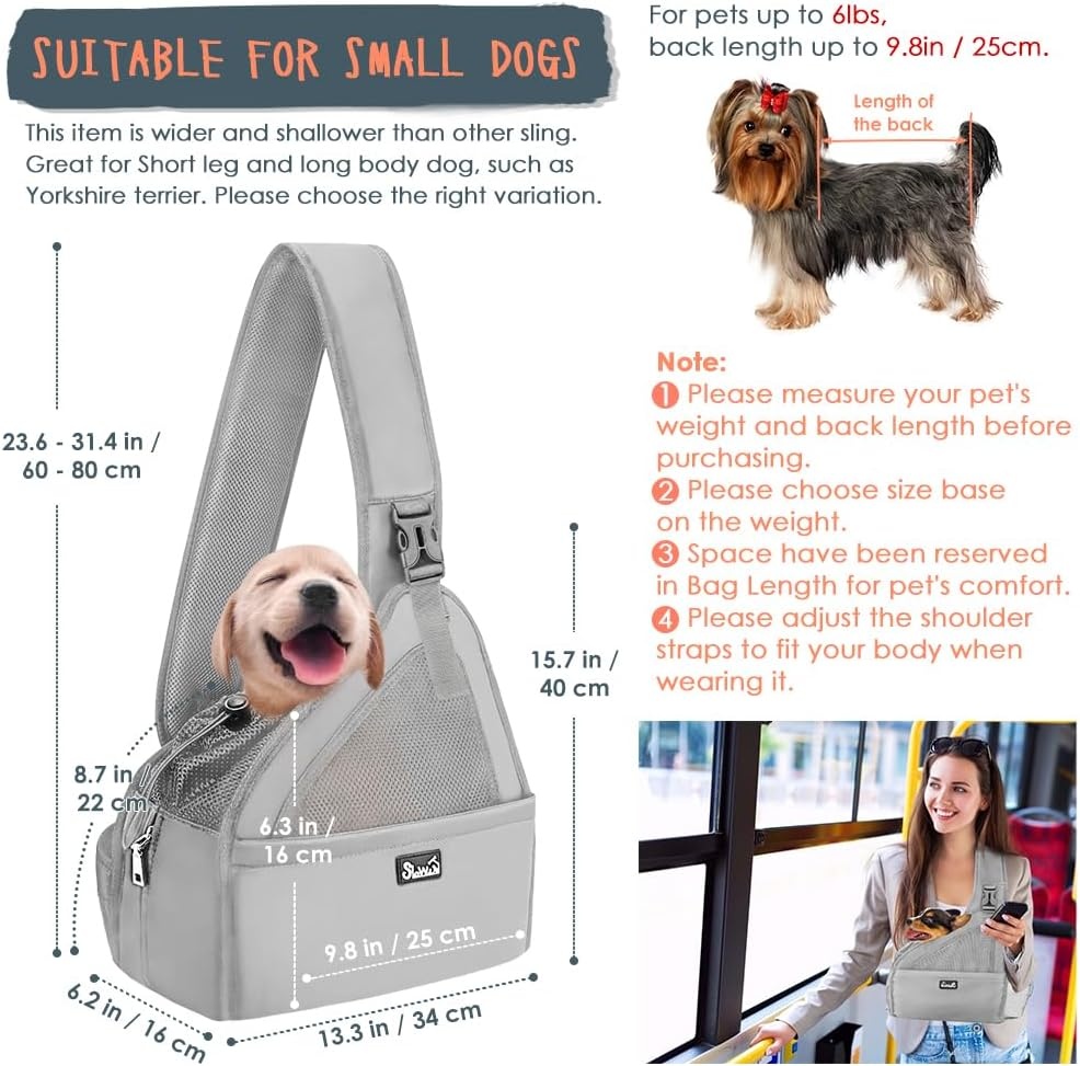 image:imageSlowTon Pet Dog Sling Carrier Hands Free Hard Bottom Papoose Small Animal Puppy Up to 6 lbs Travel Bag Tote Breathable Mesh Support Adjustable Padded Strap Pocket Safety Belt Machine WashableGrey