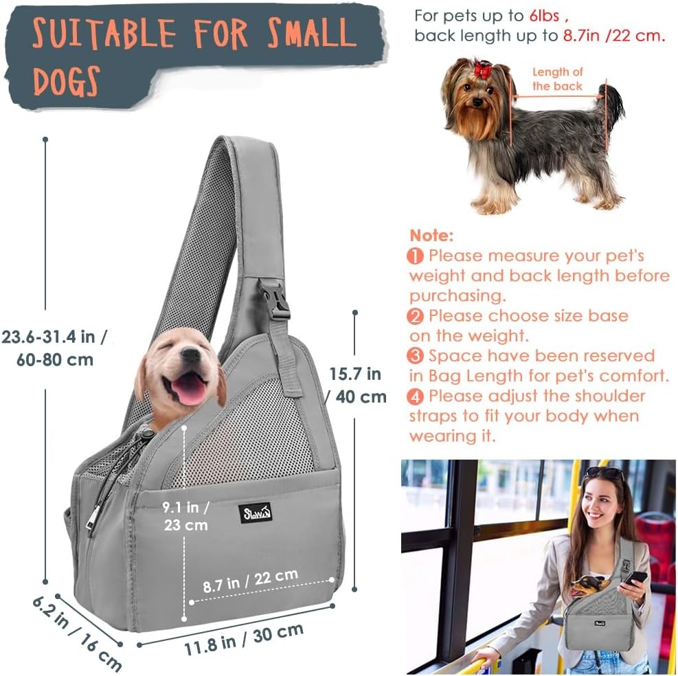 image:imageSlowTon Pet Dog Sling Carrier Hands Free Hard Bottom Papoose Small Animal Puppy Up to 6 lbs Travel Bag Tote Breathable Mesh Support Adjustable Padded Strap Pocket Safety Belt Machine WashableGrey