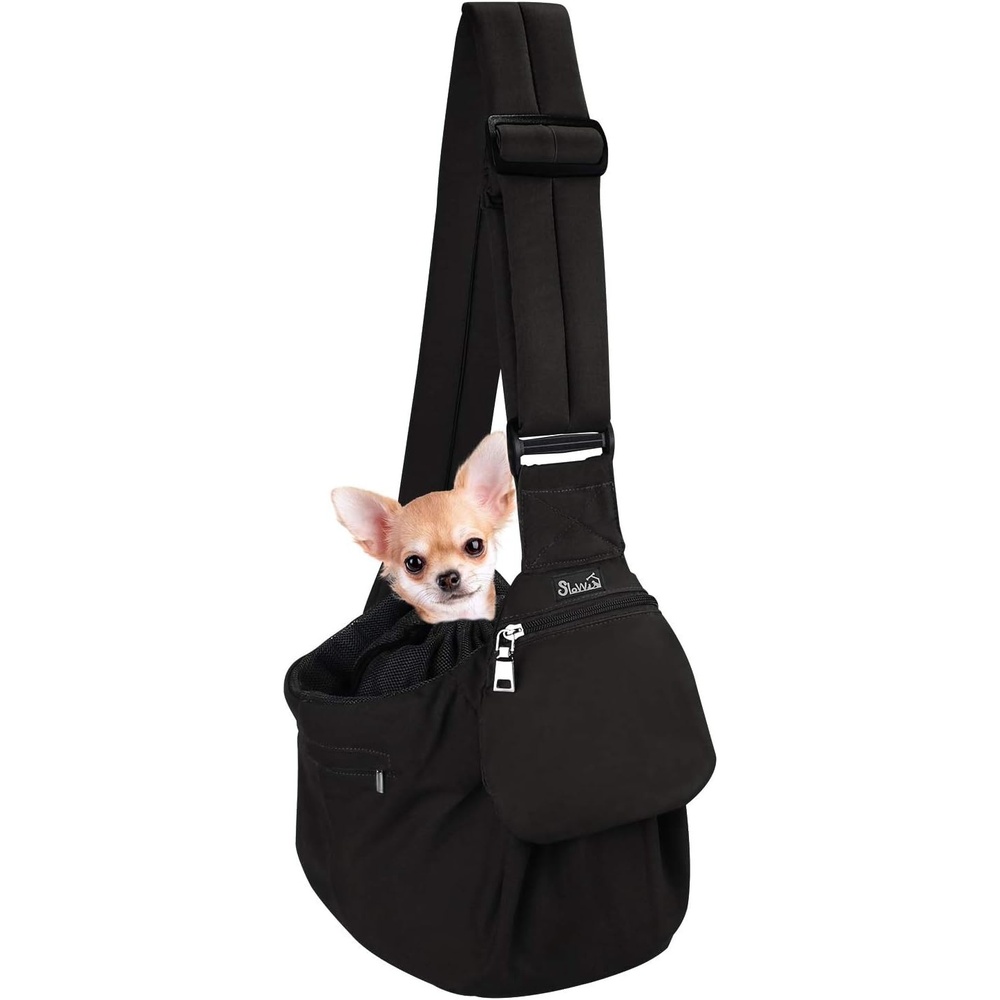 image:imageSlowTon Dog Carrier Sling Hard Bottom Support Dog Carriers for Small Dogs with Adjustable Padded Shoudler Strap Dog Purse for Puppy Cat Pet with Drawstring Opening Storage Zipper Pockets GreyBlack