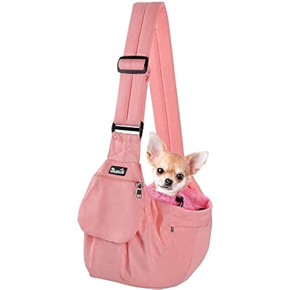 image:imageSlowTon Dog Carrier Sling Hard Bottom Support Dog Carriers for Small Dogs with Adjustable Padded Shoudler Strap Dog Purse for Puppy Cat Pet with Drawstring Opening Storage Zipper Pockets GreyPeach