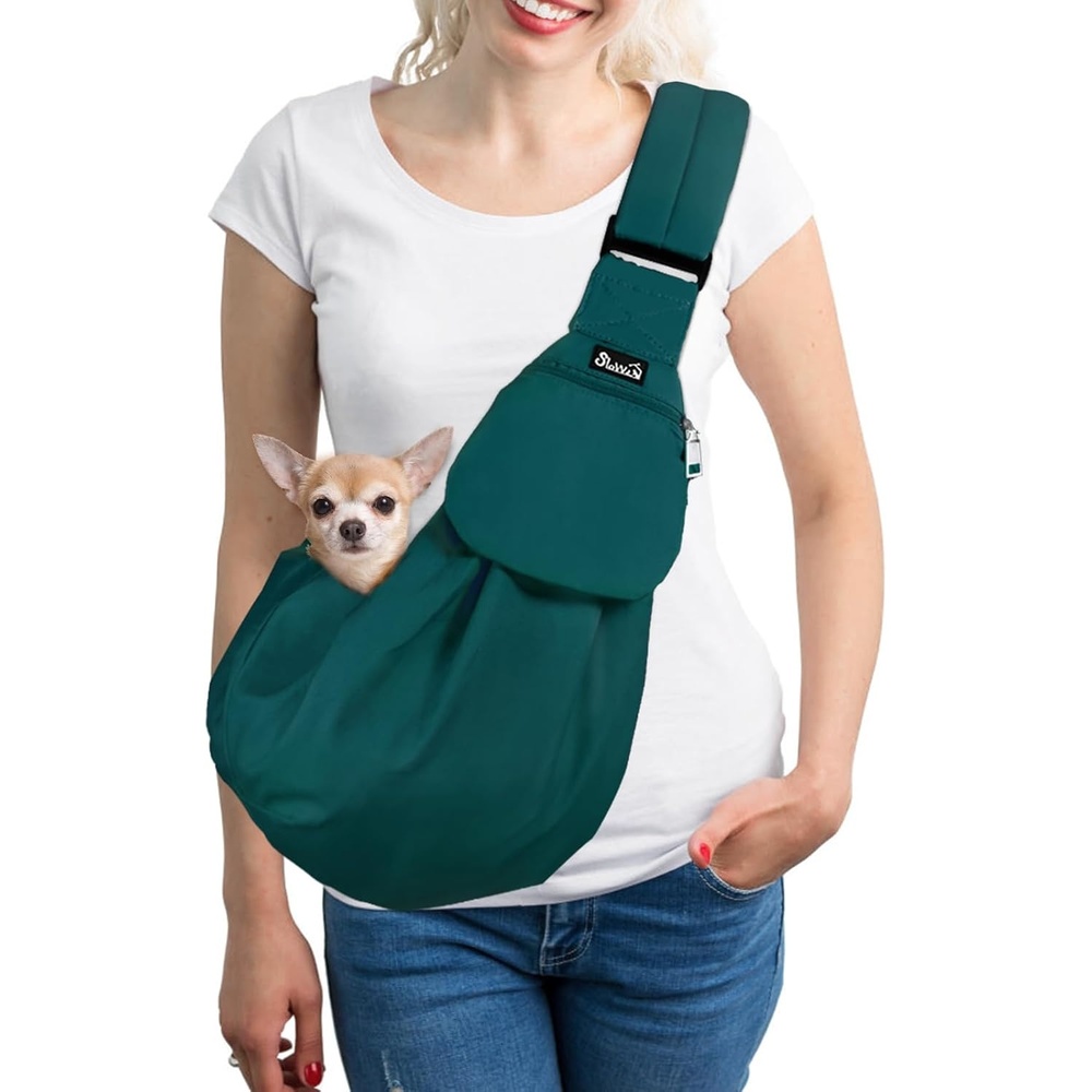 image:imageSlowTon Dog Carrier Sling Thick Padded Shoulder Strap Adjustable Dog Carriers for Small Dogs Puppy Carrier Purse for Pet Cat with Front Zipper Pocket Safety Belt Machine Washable Navy Knitted SJGreen Cotton Fabric