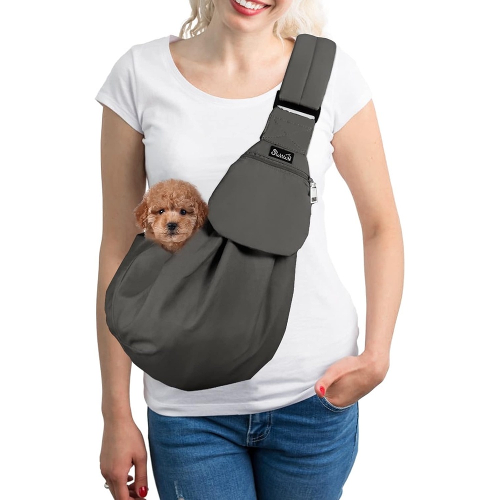 image:imageSlowTon Dog Carrier Sling Thick Padded Shoulder Strap Adjustable Dog Carriers for Small Dogs Puppy Carrier Purse for Pet Cat with Front Zipper Pocket Safety Belt Machine Washable Navy Knitted SAGrey Cotton Fabric